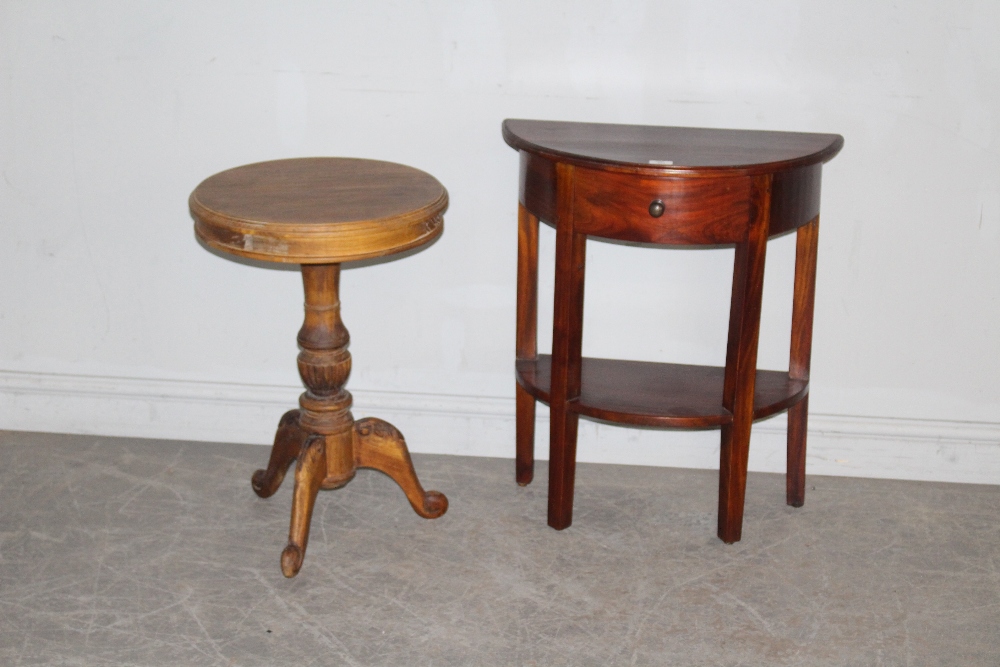 A small reproduction hardwood demi-lune side table, with single drawer and under-tier 71cm x 60cm