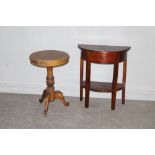 A small reproduction hardwood demi-lune side table, with single drawer and under-tier 71cm x 60cm