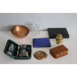A copper mixing bowl, cased cutlery, shaving kit, Veterinary field kit etc.