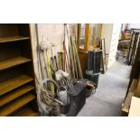A Large quantity of various garden tools, galvanized watering can, spark guard etc