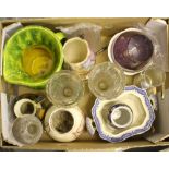 A box of mixed china and glass wares, including Old Court storm pattern vase.
