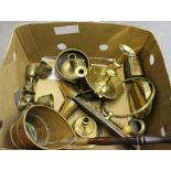 A box of mixed brass and copper wares, brass chambersticks, gong, towel holder, plated goblets etc.