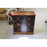 A Victorian pine chest of drawers, with 2/2 arrangement, dark painted with substantial paint losses,