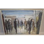 Judith Valentine (Local) oil on board 'People At An Exhibition' within white painted frame, entitled