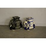 Two modern reproduction elephant-from garden seats, one black glazed one blue 42cm x & 39cm used but