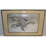 Judith Valentine (Local) engraved metal plate (for dry-point) 'Dead Fly' mounted to painted particle
