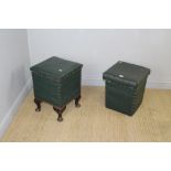 Two studded green leather boxes, one raised on short cabriole legs with decorative interior 53cm x