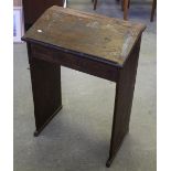 A small oak clerks type desk, with hinged sloping and slender legs, 90cm x 66cm x 38cm marks and