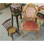 A French style armchair, two stools and a child's stick-back chair (wormed)