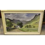 Oil on canvas, Langdale Valley, signed McJammot 75cm x 50cm and a selection of modern prints.
