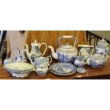 An oversized Spode Italian pattern tea kettle and a selection of mixed blue and white China,