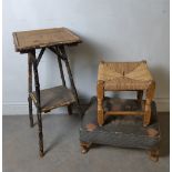 A late Victorian Aesthetic ebonised bamboo square occasional table and two stools (all with wear and
