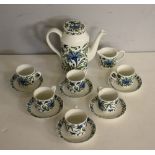A Midwinter Spanish Garden coffee set, incomplete, lacking sugar bowl. One saucer with chip to rim.