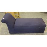 A modern chaise longue/box Ottoman 74cm x 174cm hinged seat loose, cat scratched.