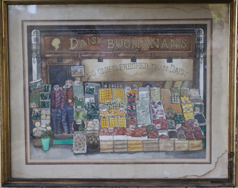 Watercolour - Greengrocer's shop front 'Daisy Buchanan's', Paddington Street, London W1, monogrammed