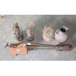 A vintage flame gun, Tilley lamps etc.