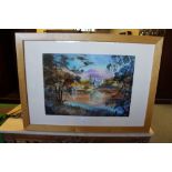 Andrew Morris (British Contemporary) watercolour, local autumnal lake scene, signed, within a card