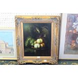 A modern oil on board, in the 19th century style, depicting a fruit basket with bird and