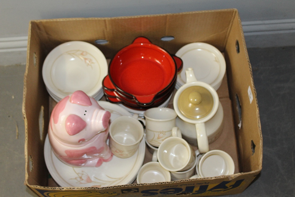 A quantity of Bilton's tea/dinner wares, a pig form cookie jar, and four red glazed dishes. good