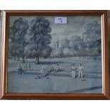 A monochrome watercolour, entitled 'On the Bowling Green' to frame verso, indistinctly signed