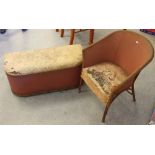 A vintage woven-wicker chair and Ottoman, each with damage.