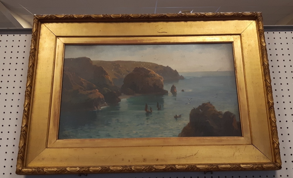 F. W. Baker, oil painting, Coastal scene, probably Cornwall, 38cm x 68cm, signed, gilt frame and