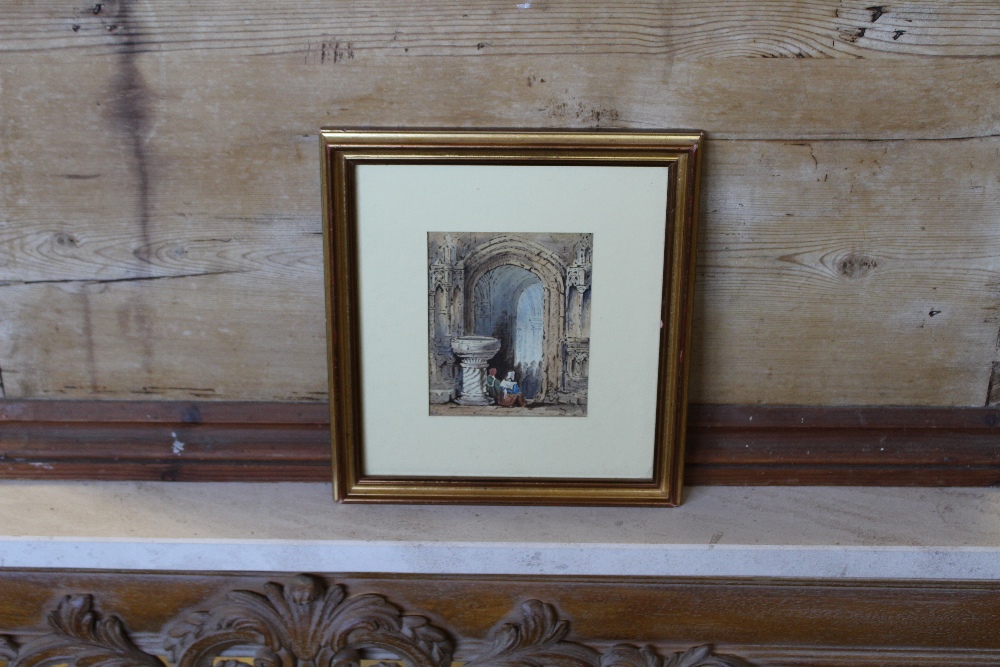 A 19th century watercolour, in the manner of Samuel Prout, church interior scene with figures seated