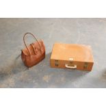 A vintage Brexton picnic hamper, covered in tan vinyl, mostly complete, one storage box missing,