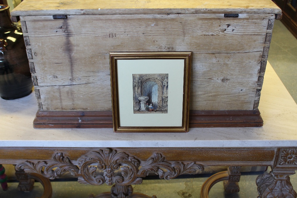 A 19th century watercolour, in the manner of Samuel Prout, church interior scene with figures seated - Image 2 of 6