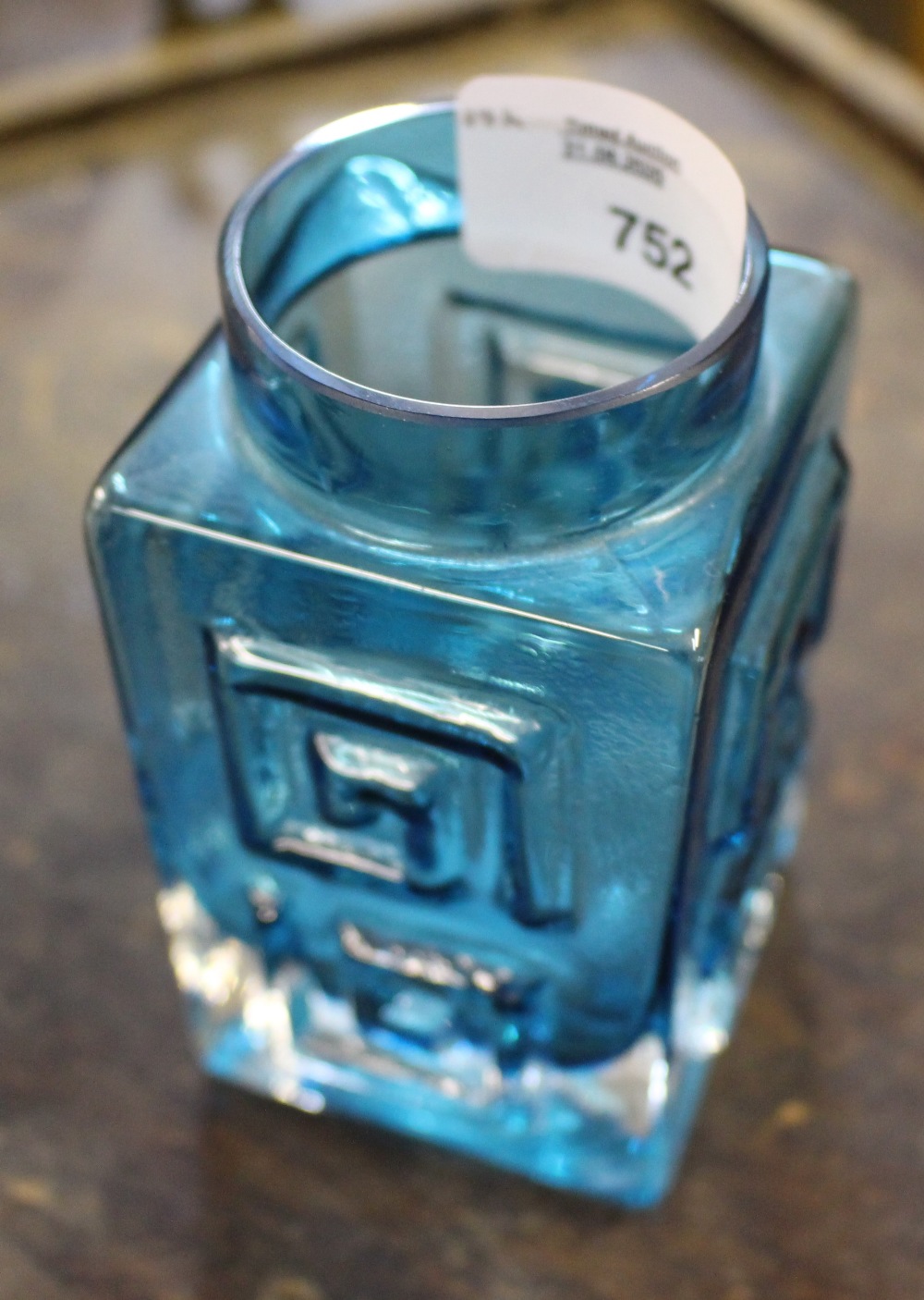 A small Whitefriars glass Greek Key pattern vase, by Geoffrey Baxter, in Kingfisher blue 10.5cm - Image 2 of 2