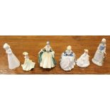 Three Royal Doulton figurines, and others.