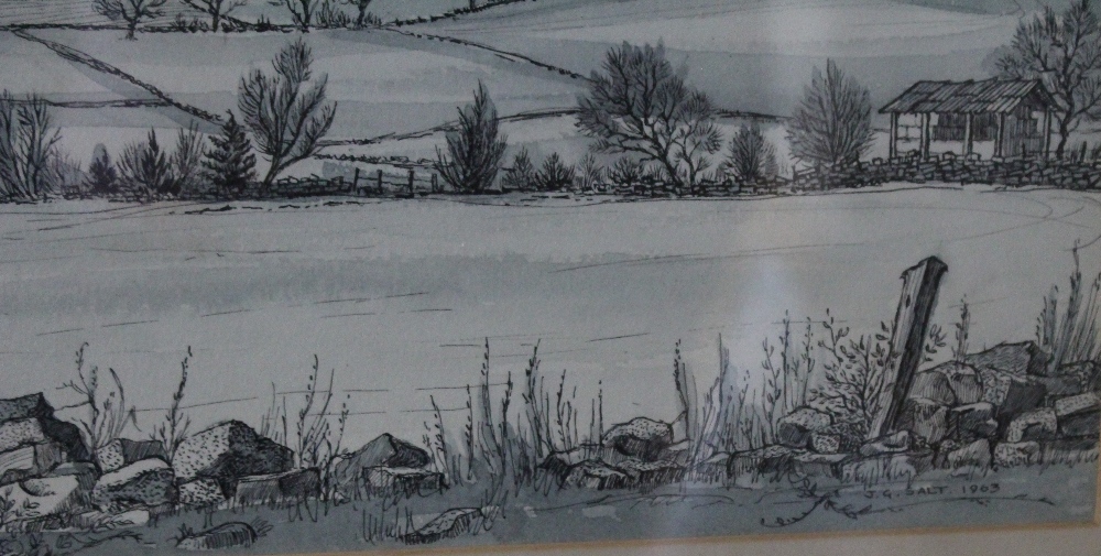 J.G Salt - ink and watercolour wash, rural scene at twilight, bearing name J.G Salt and dated - Image 6 of 6