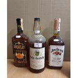 Three old bottles of Kentucky Bourbon Whiskey - Belle of Kentucky, John Lee and Jim Bean, each