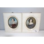 A pair of decorative portrait miniatures, most likely over-painted prints, bearing signature M