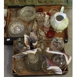 Three boxes of mixed glass wares, including cranberry glass, glass bowls, demi-johns and also a