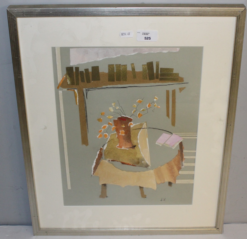 Judith Valentine (Local) mixed media collage, interior setting, initialled JV, within card mount and