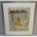 Judith Valentine (Local) mixed media collage, interior setting, initialled JV, within card mount and