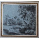 A 19th century English school monochrome watercolour sketch, rocky outcrop, on blue/grey paper,