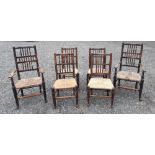 A set of six early 19th Century Lancashire ash and elm spindle back rush seated dining chairs