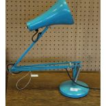 A vintage style turquoise blue angle-poise lamp, with weighted base, used condition with some