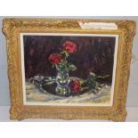 David Griffiths, oil on canvas, 'Red Roses on a Silver Tray' signed Griffiths and dated 89 lower