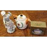 A Lladro porcelain figurine, hunting theme teapot and a boxed Maxwell & Williams Heritage Teapot