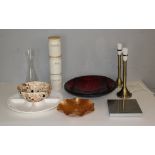A box of mixed items including, carnival glass dish, pair of electric table lamps, three storage