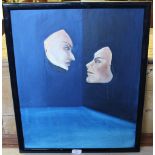 Alessandier M.K Henry - Modern School - Oil on board 'Love Is in The Air' - Theatrical masks, 55cm x