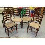 A set of six 19th century rush-seated ladder back chairs 97cm used condition, some with re-rushed