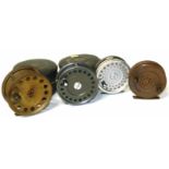 A selection of fishing reels, to include a Hardy Uniqua 4 1/4 fly reel, with smooth brass foot, also