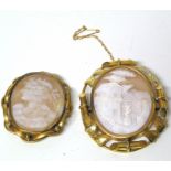 Two shell cameo brooches, one with a landscape scene the other depicting a classical figure,