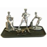 Three silver finished figures by Simon Laviens, also a brass/bronze dog. We are unable to do