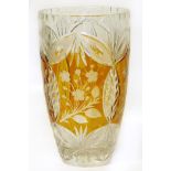 Cut glass flower vase, 18cm diameter, 30cm tall with floral decoration and amber coloured middle