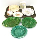 Seven Wedgwood leaf plates, Bunnykins money box and savings book, Royal Doulton and other plates. We